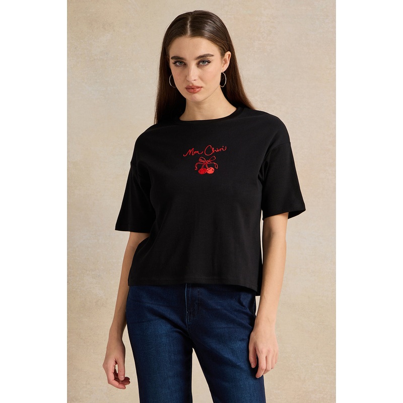 Women Black Embroidered T-Shirt