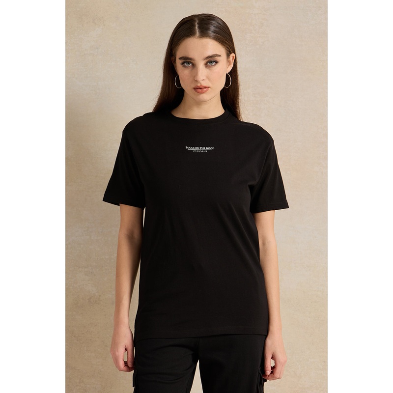 Women Black Oversize Printed T-Shirt