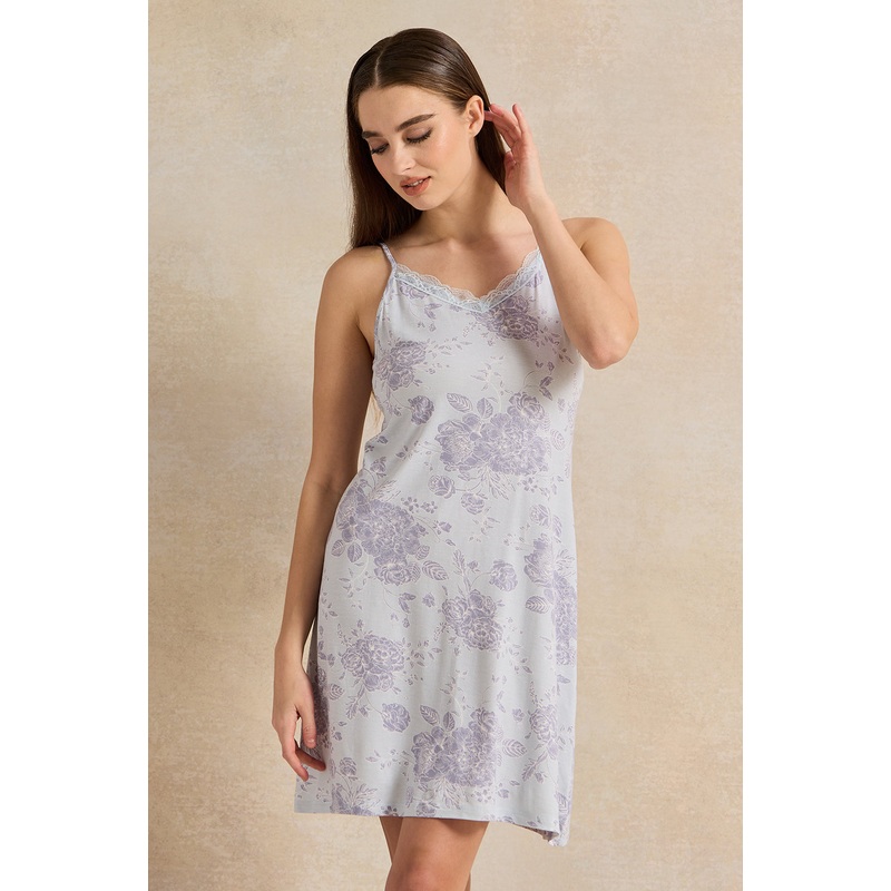 Women Blue Print Chemise With Lace