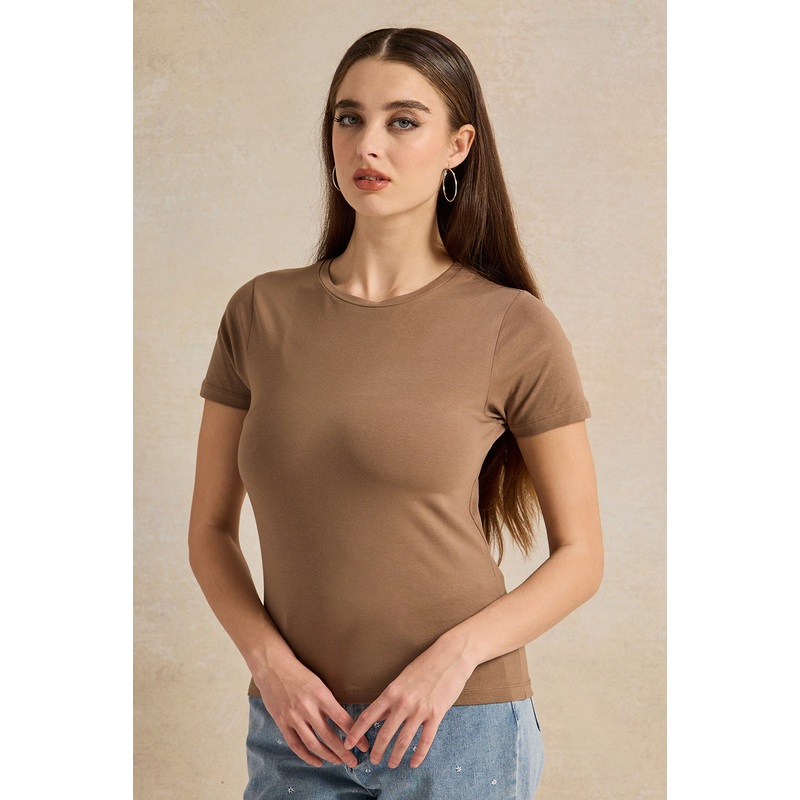 Women Brown Basic Crew Neck T-Shirt
