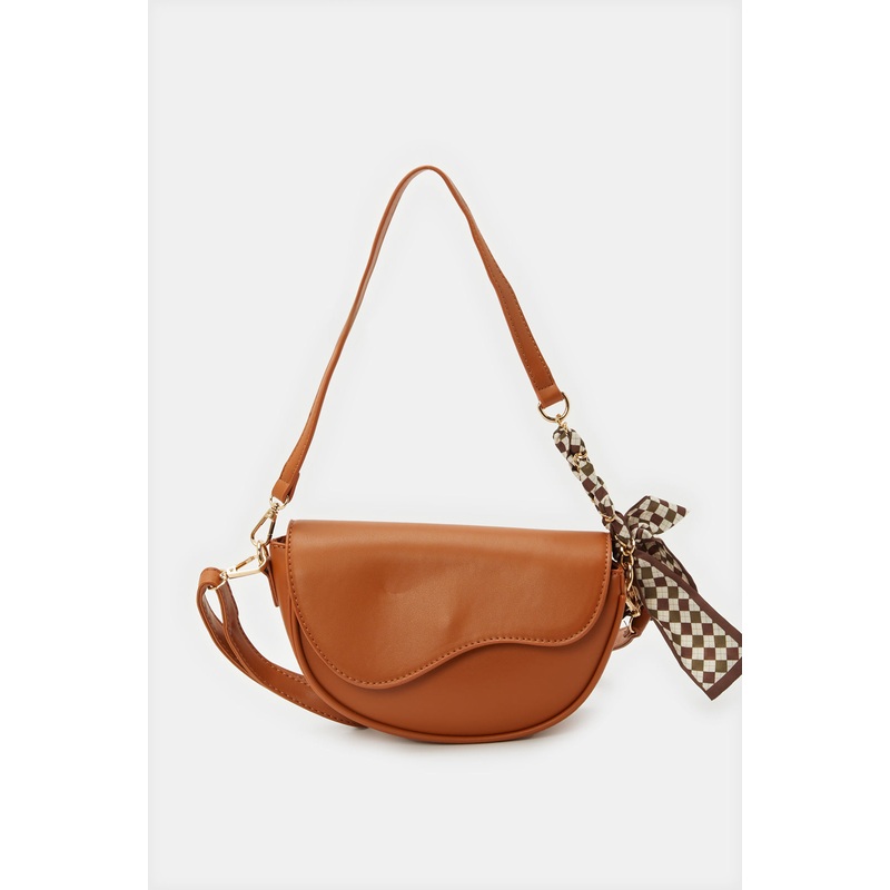 Women Brown Embellished Handbag With Added Scarf