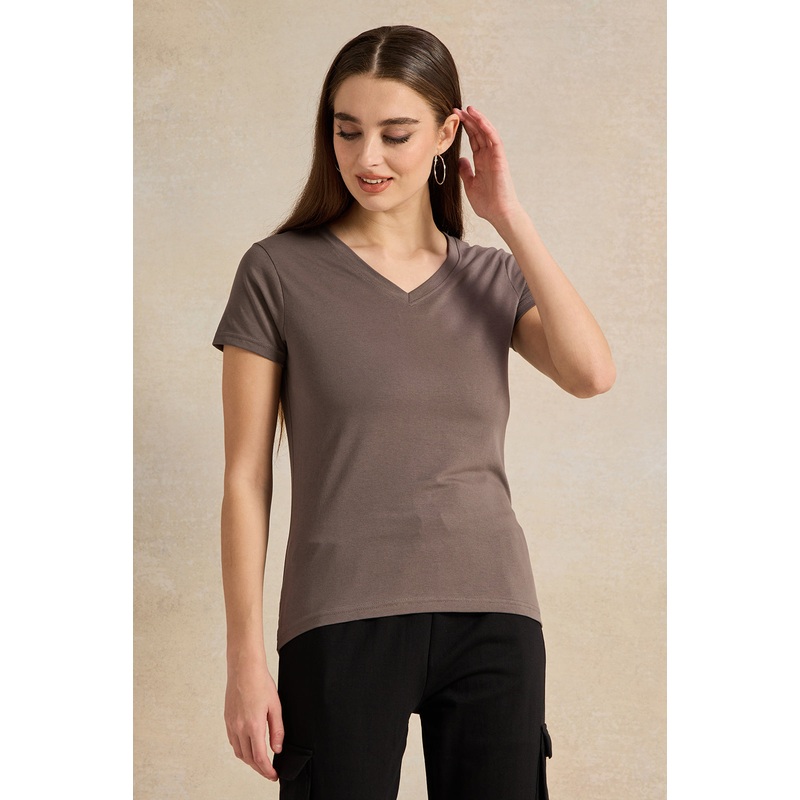 Women Charcoal Basic V-Neck T-Shirt