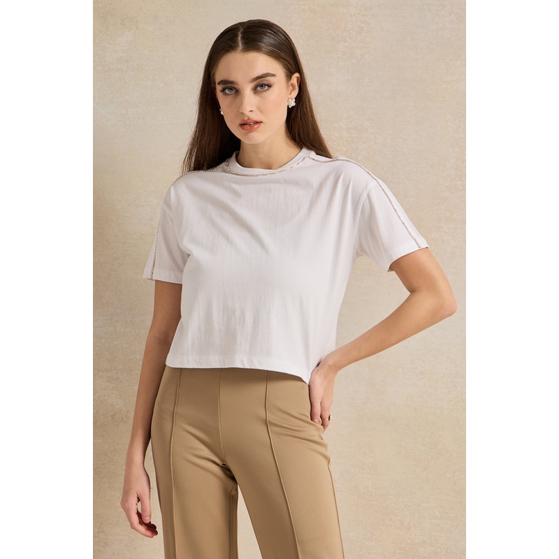 Women Ivory Rhinestone Detail T-Shirt
