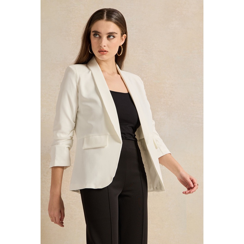 Women Ivory Ruched Sleeve Blazer