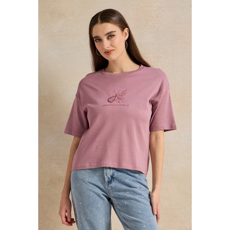 Women Mauve Embroidered T-Shirt