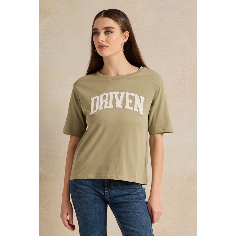 Women Olive Embroidered T-Shirt