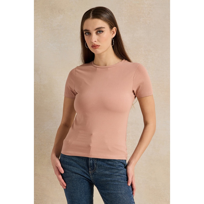 Women Pink Basic Crew Neck T-Shirt