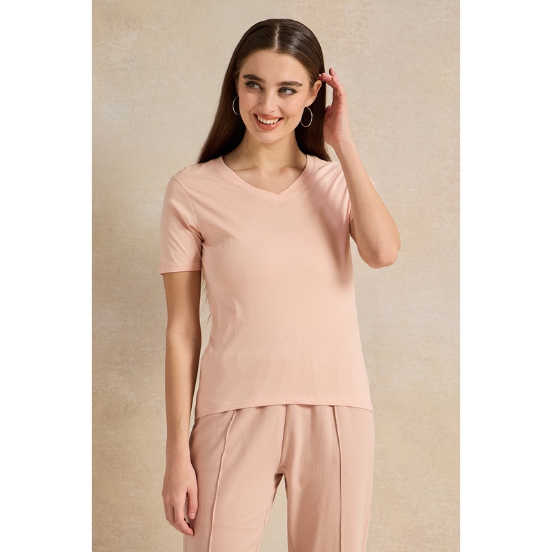 Women Pink Basic V-Neck T-Shirt