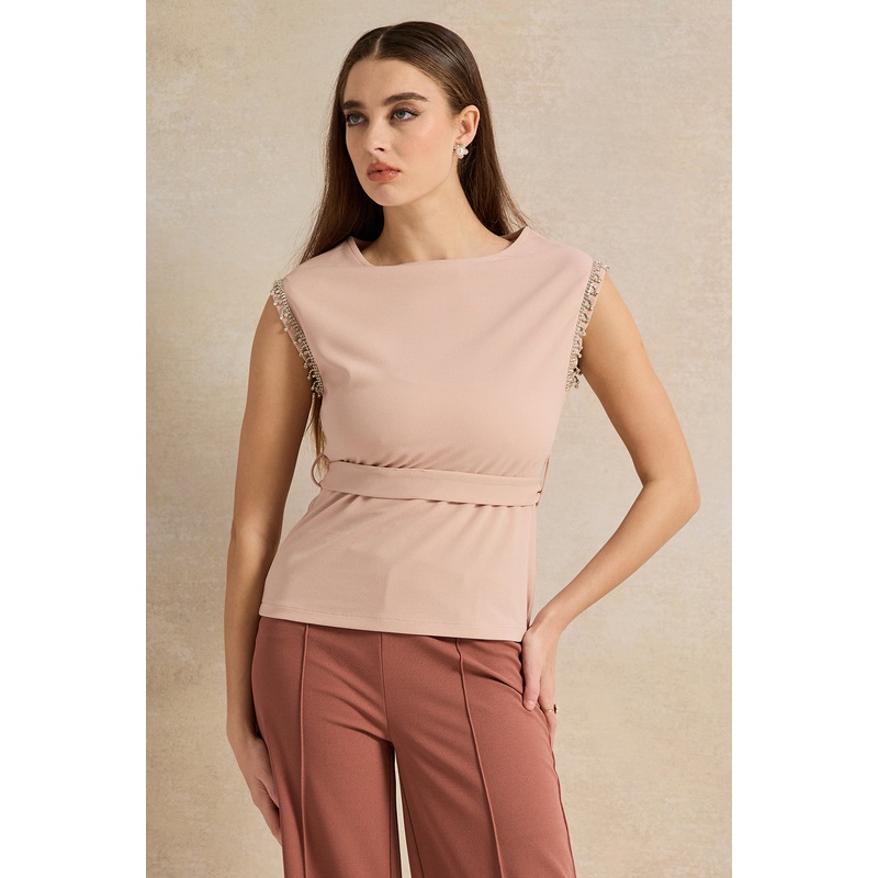 Women Pink Embellished Belted Top