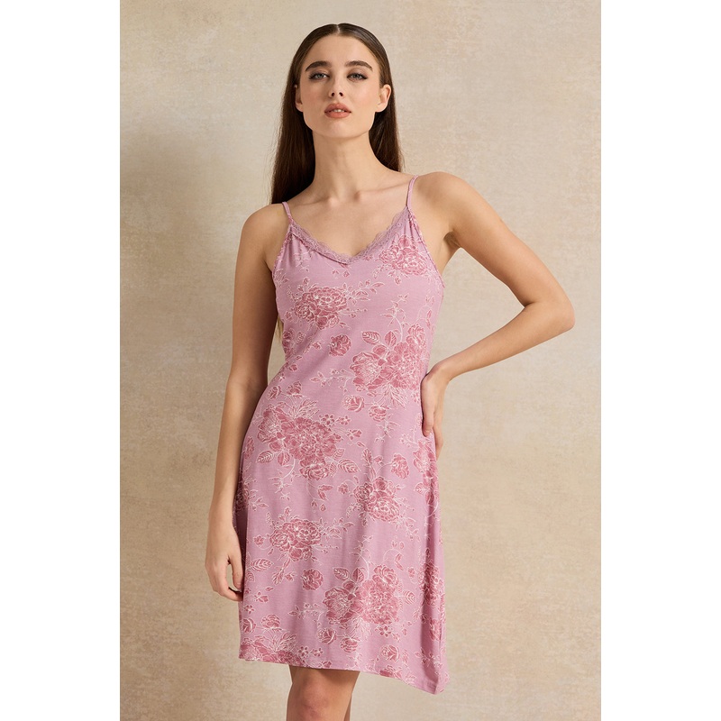 Women Pink Print Basic Chemise With Lace