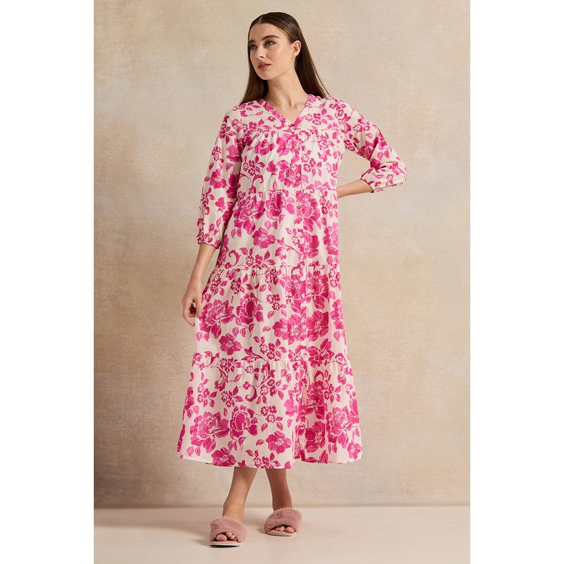 Women Pink Printed Tiered Nightgown