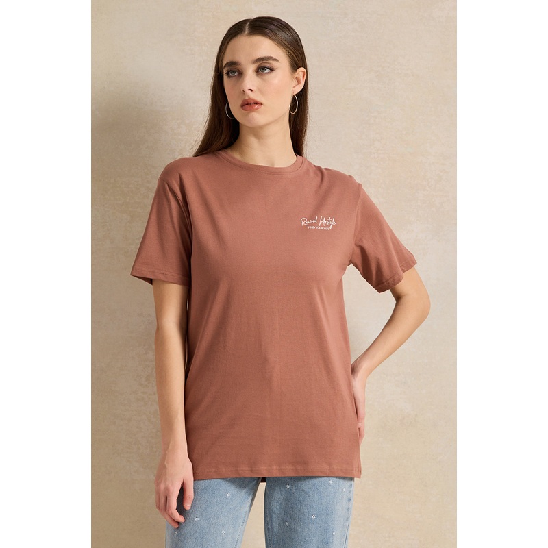 Women Taupe Oversize Printed T-Shirt