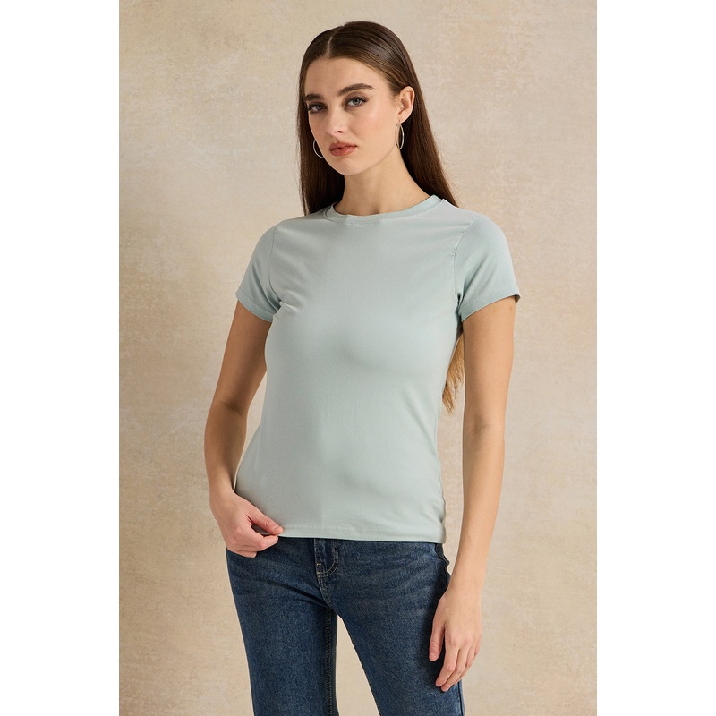 Women Teal Basic Crew Neck T-Shirt