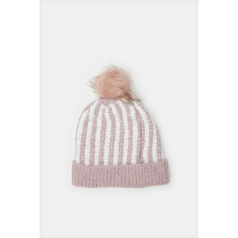 Women White And Purple Embellished Knitted Cap