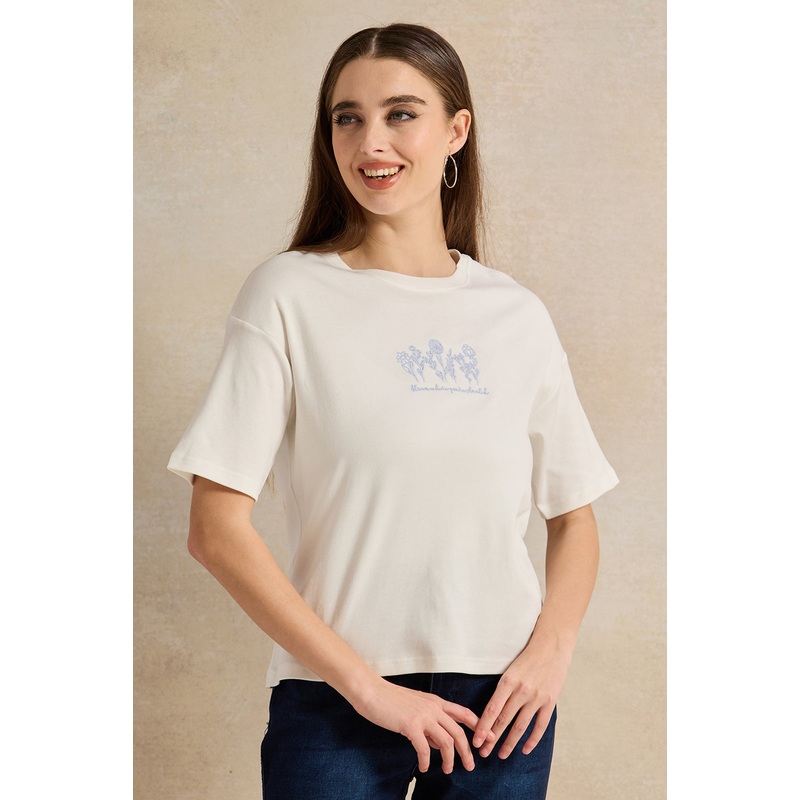 Women White Embroidered T-Shirt