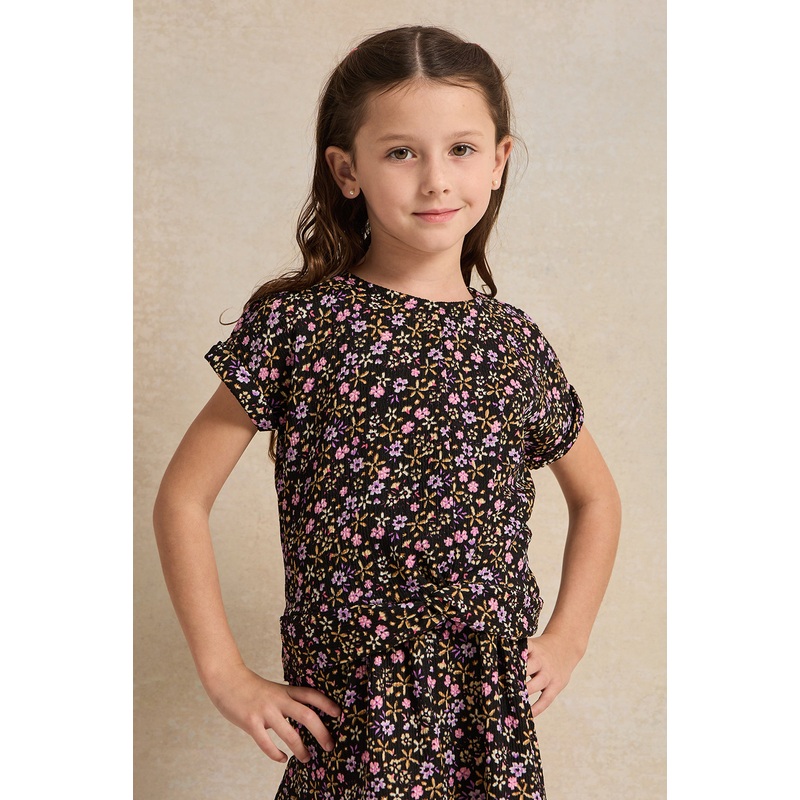 Girls  Black Floral Allover Print Blouse