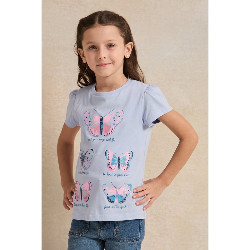 Girls Blue Butterfly Print T-Shirt