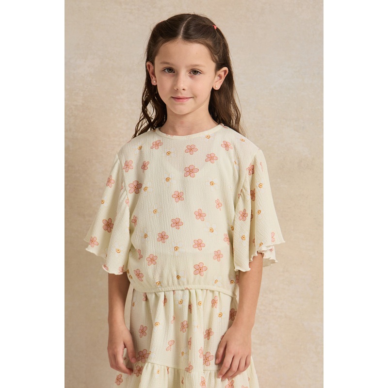 Girls Cream Flower Allover Print Blouse