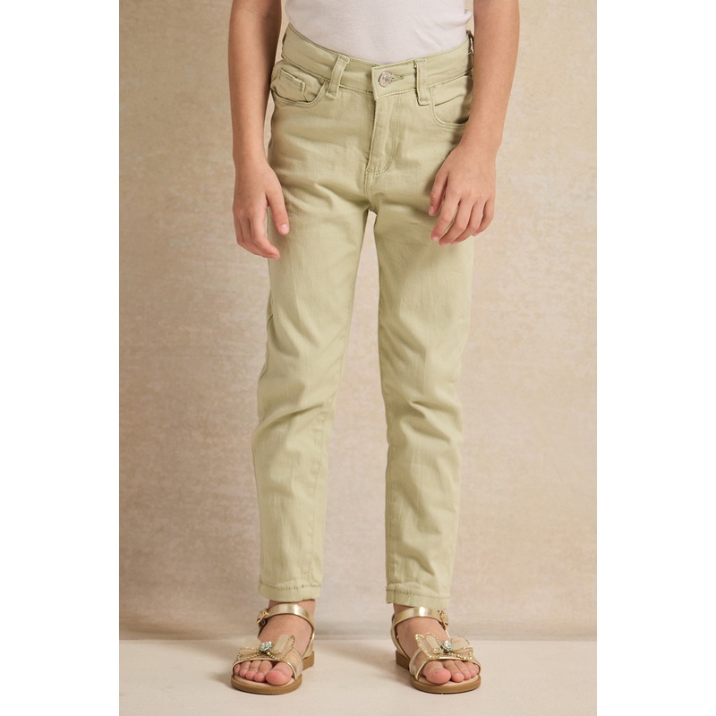 Girls Green Embroidered Slim Fit Trousers