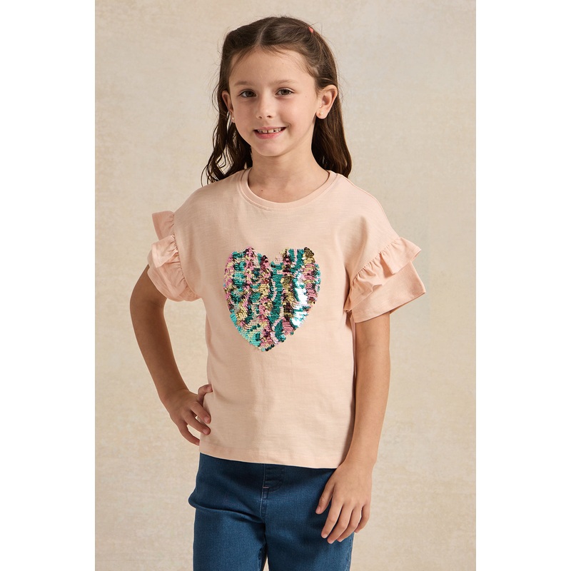 Girls Orange Heart Sequins T-Shirt