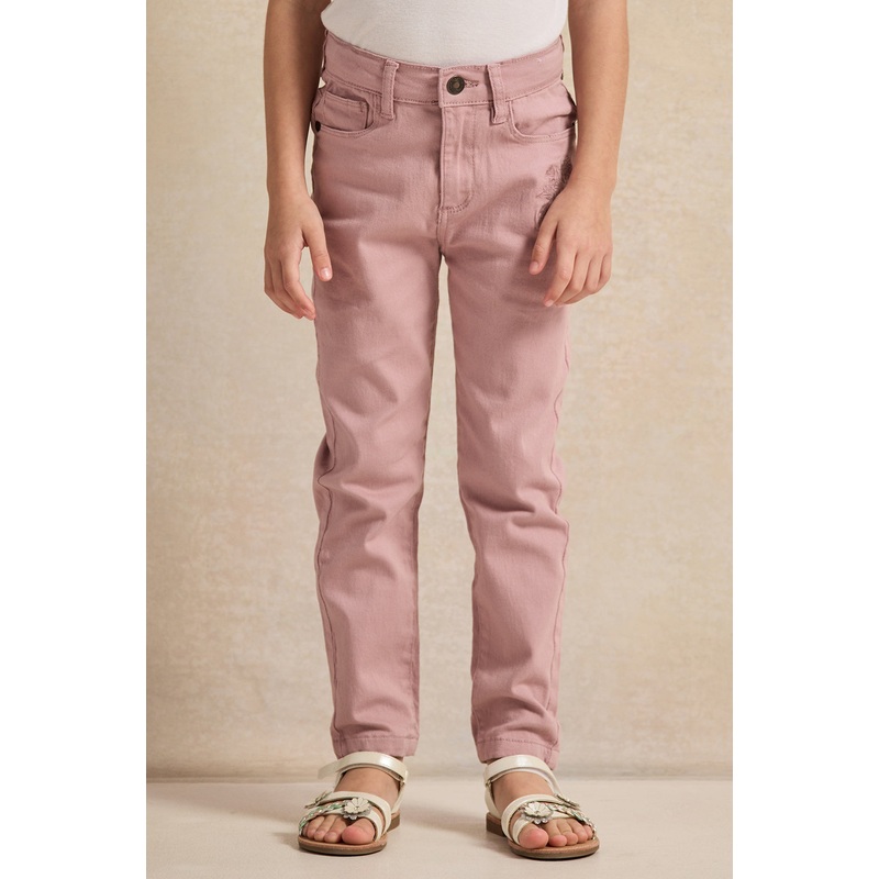 Girls Pink Embroidered Slim Fit Trousers