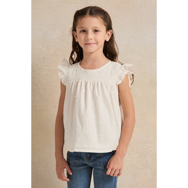 Girls White Allover Embroidered Blouse