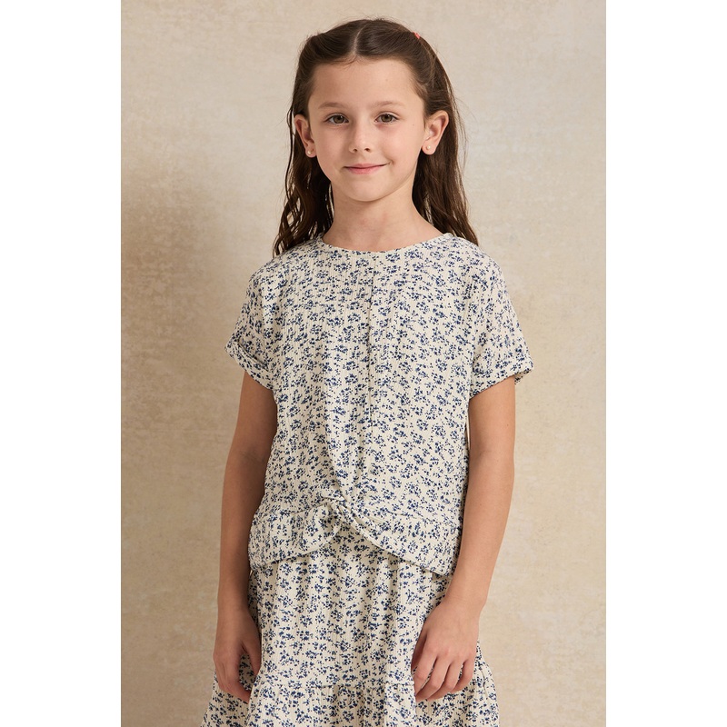 Girls White Floral Allover Print Blouse