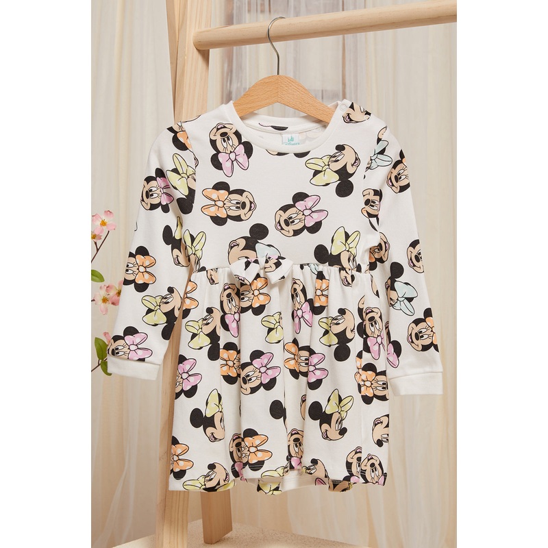 Infant Girls Ivory Minnie All Over Print Knit Long Sleeve Dress