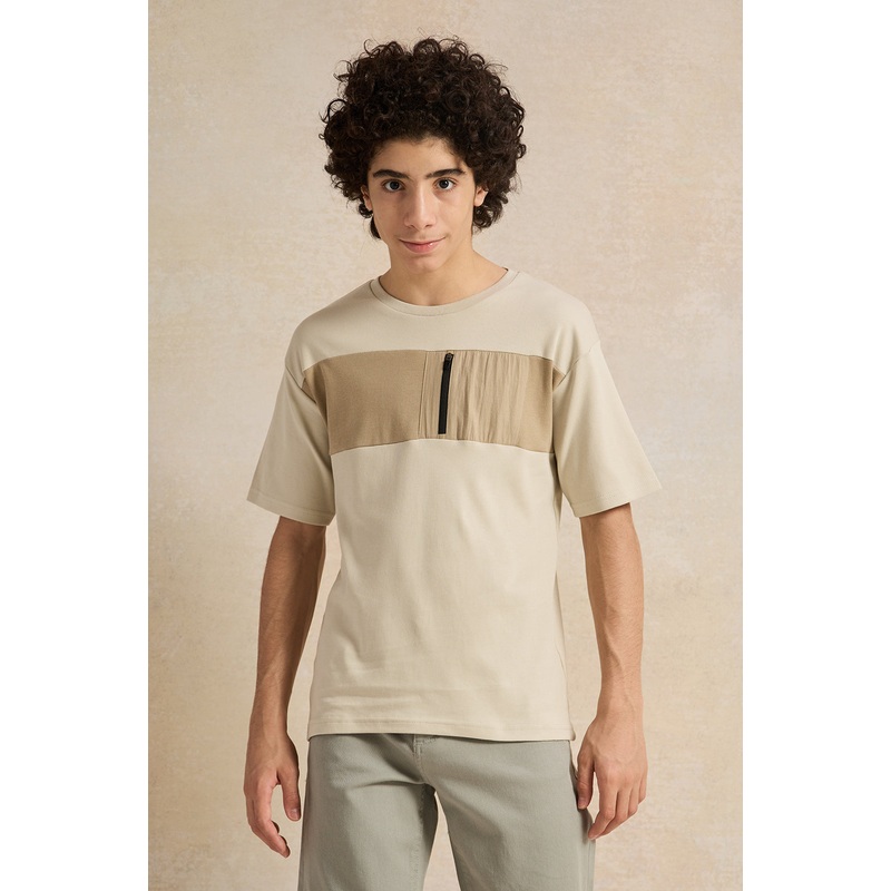 Senior Boys Beige Cut And Sew T-shirt