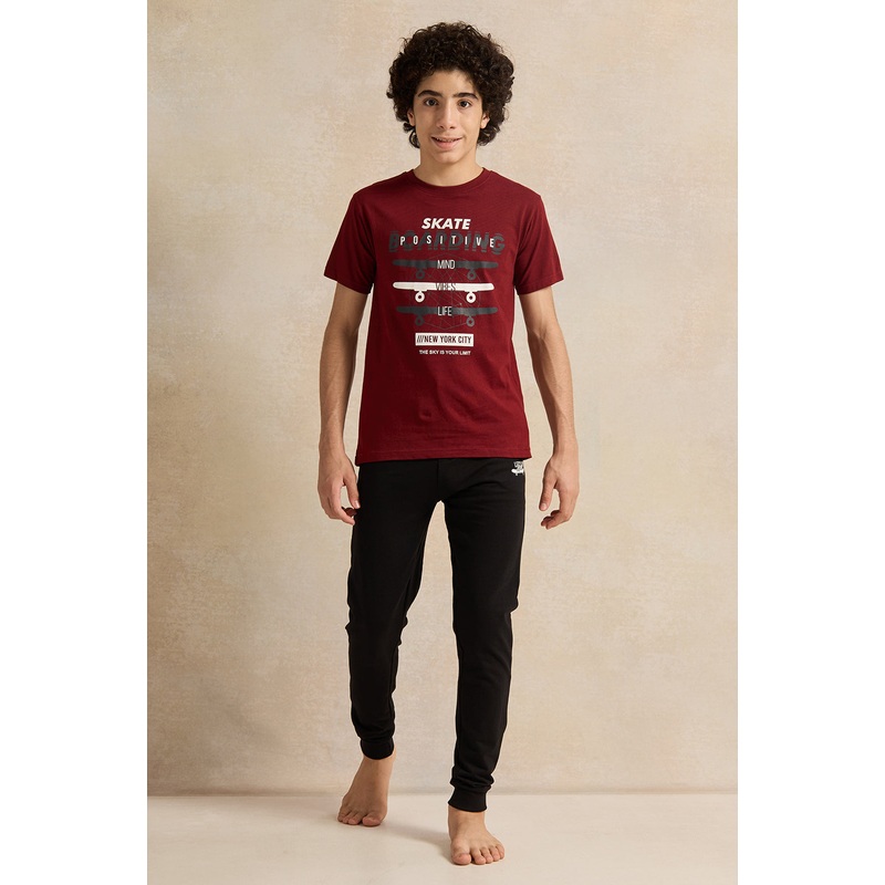 Senior Boys Burgundy And Black Printed  Pyjama Set (2 Piece)