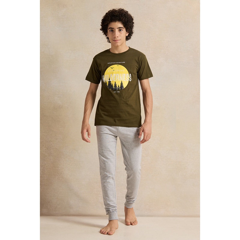 Senior Boys Green And Grey Printed  Pyjama Set (2 Piece)