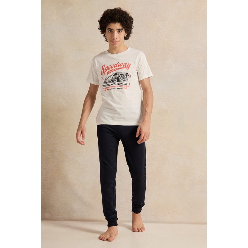 Senior Boys White And Black Printed  Pyjama Set (2 Piece)