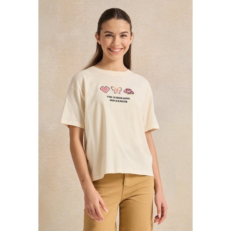Senior Girls Beige Embroidered T-Shirt