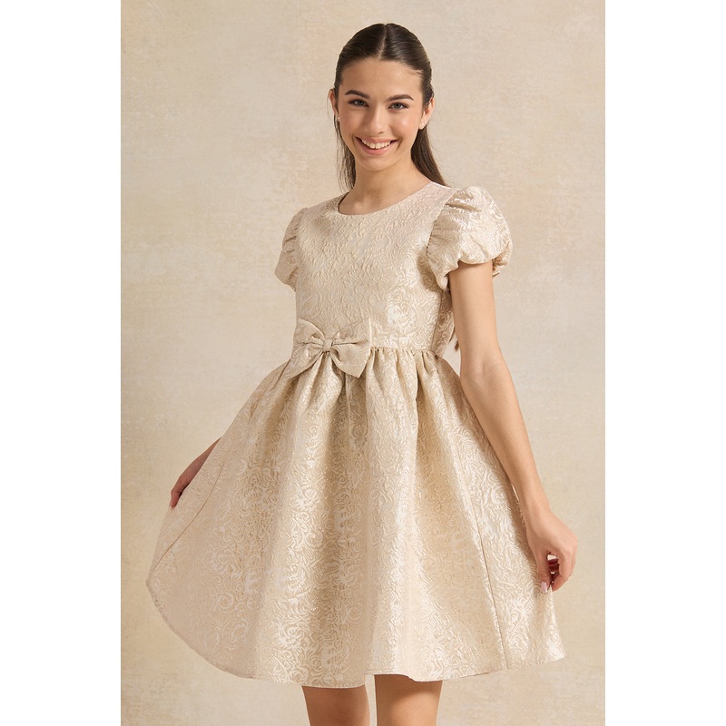 Senior Girls Beige Jacquard Dress