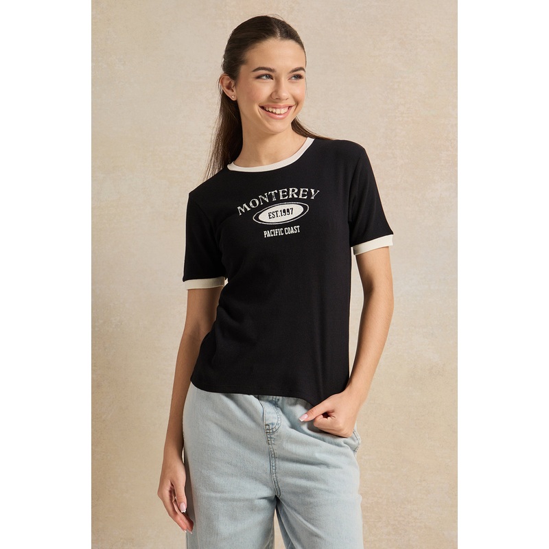 Senior Girls Black Print T-Shirt