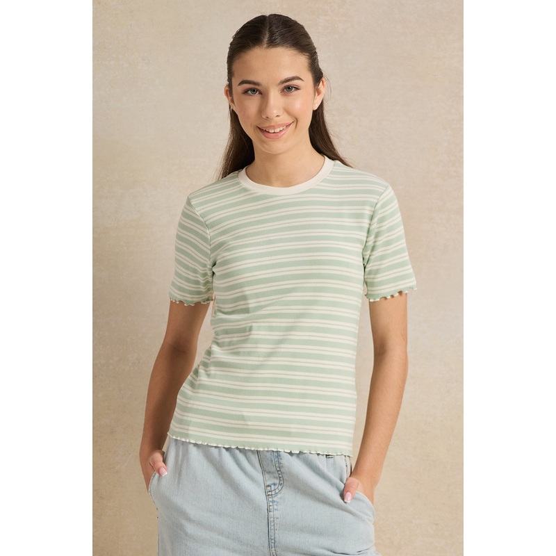 Senior Girls Green And White Striped T-Shirt