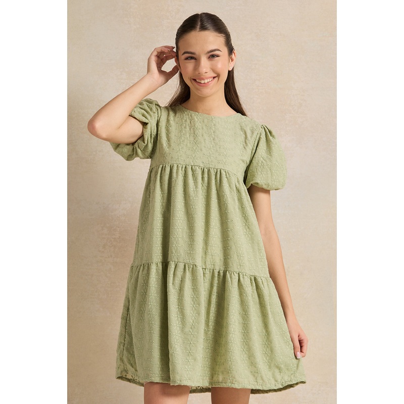 Senior Girls Green Solid Schiffli Dress