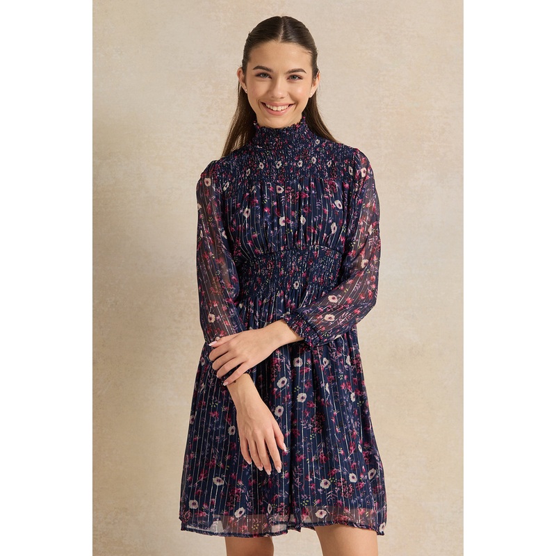 Senior Girls Navy Floral Front Ruffled Chiffon Dress