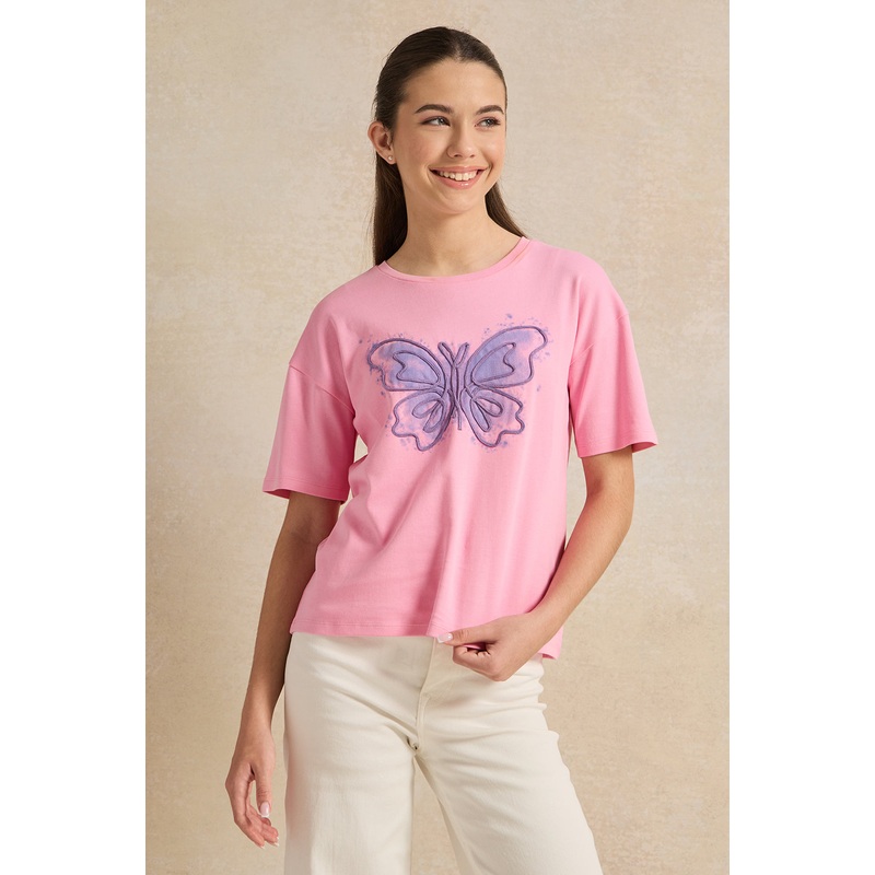 Senior Girls Pink Drop Shoulder T-Shirt