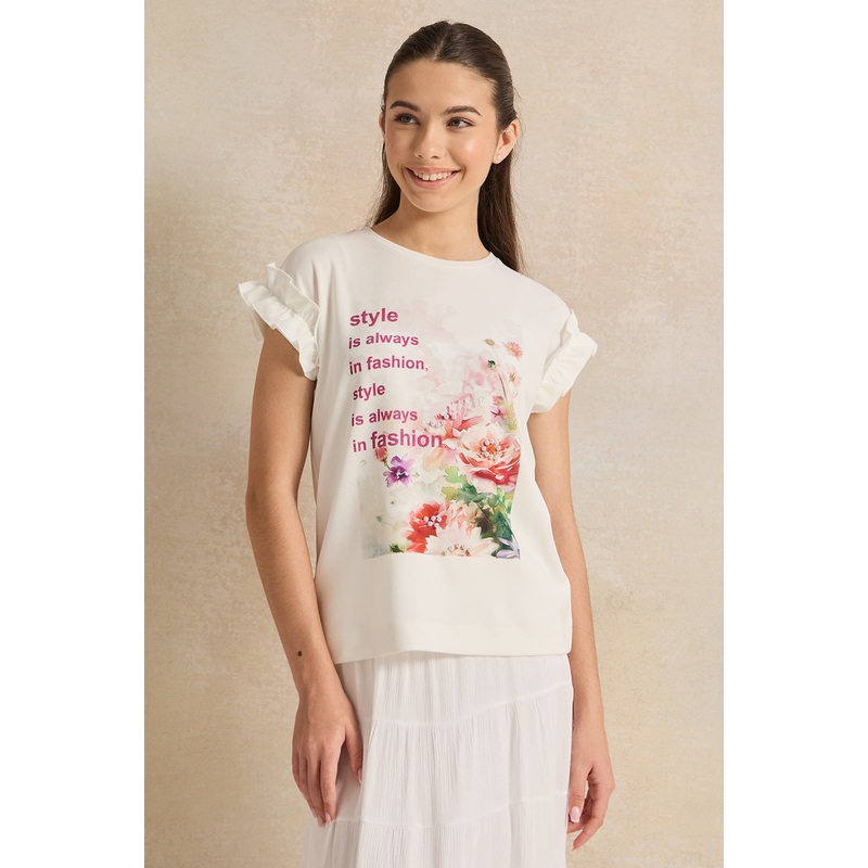 Senior Girls White Embellished Ruffled Sleeve Top