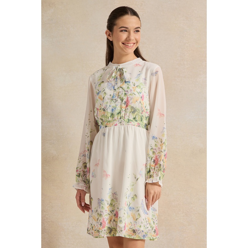 Senior Girls White Floral Print Pussy Bow Dress