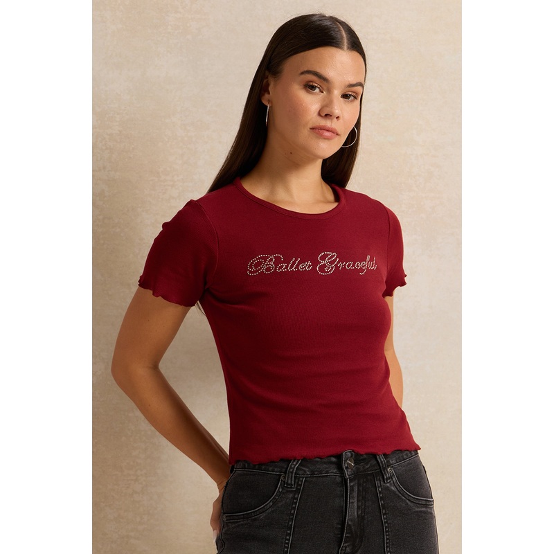 Burgundy Printed Rib T-Shirt|UK8|UK10|UK12|UK14|UK16|UK18