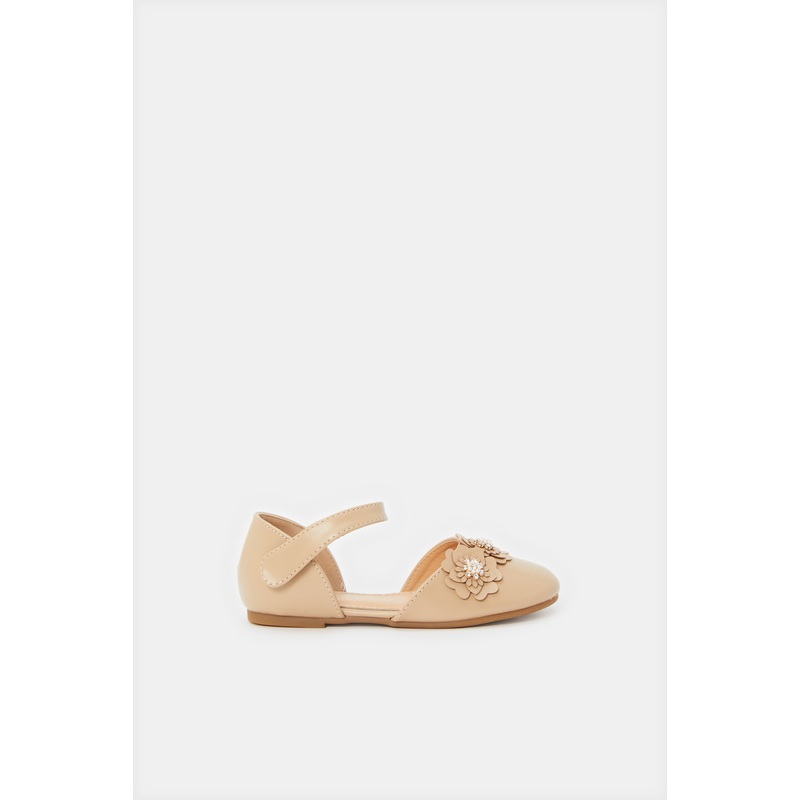 Girls Beige Floral Strap Ballerina