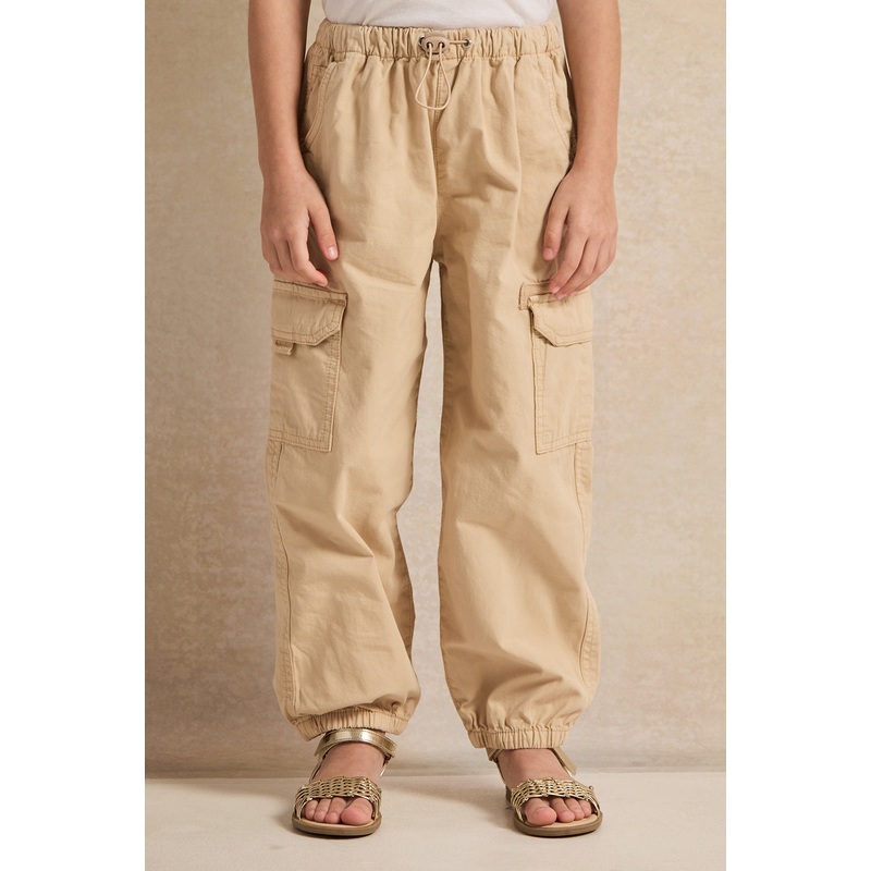 Girls Beige Solid Cargo Trousers