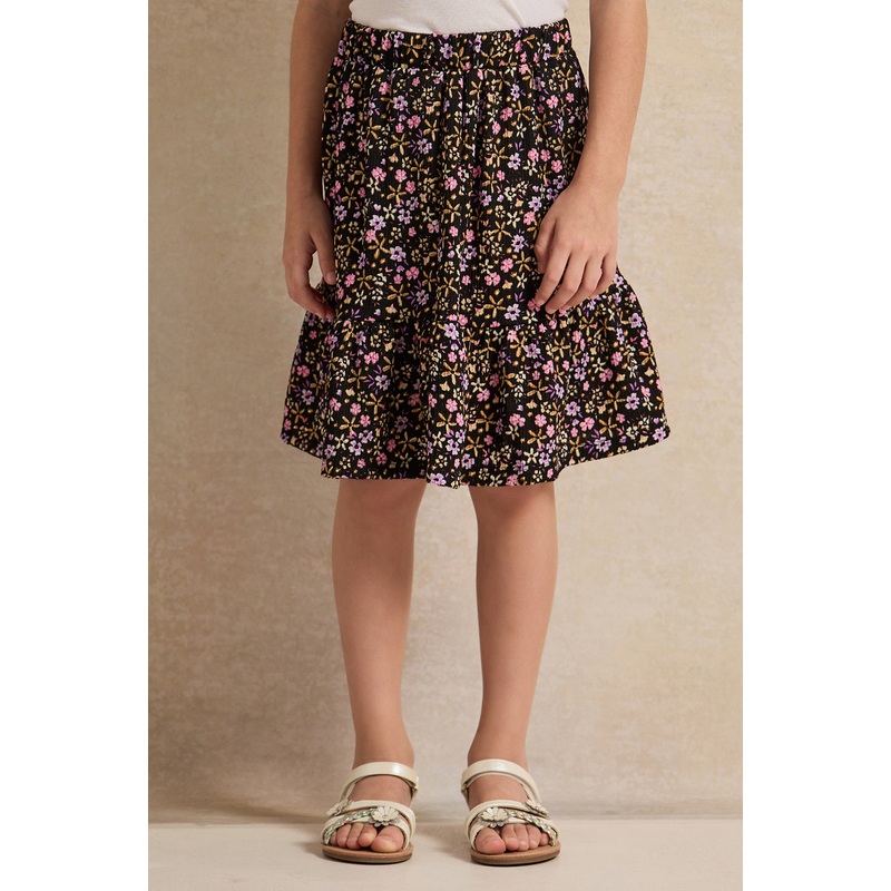 Girls Black Flower Allover Print Skirt