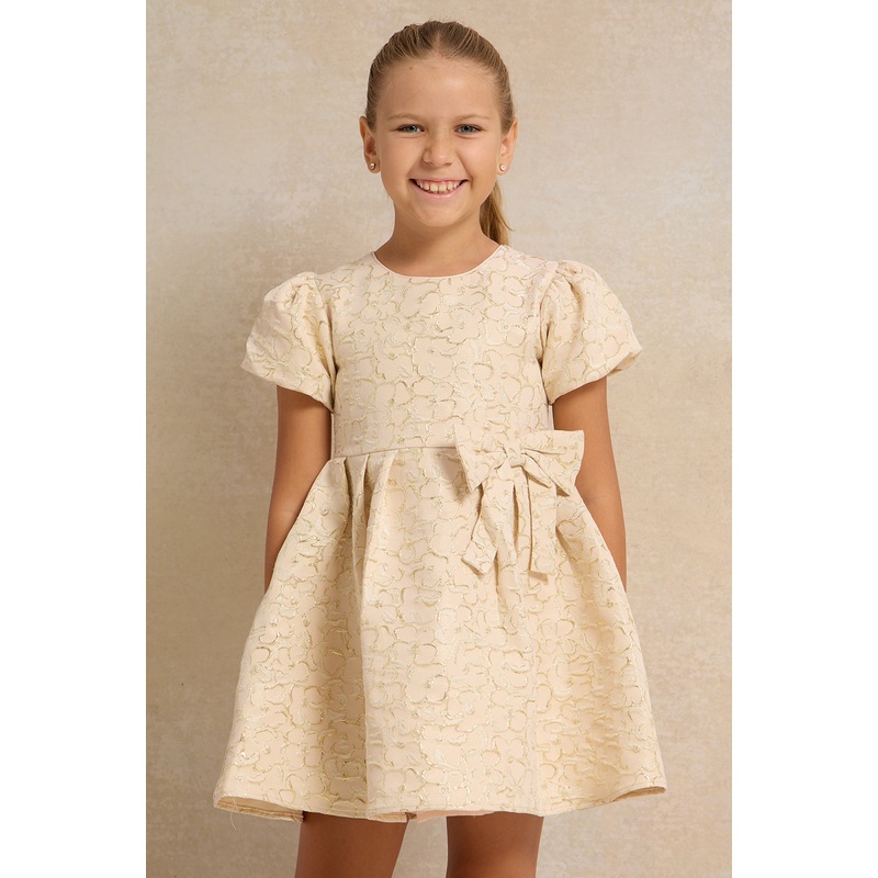 Girls Gold Jacquard Bow Detailed Dress