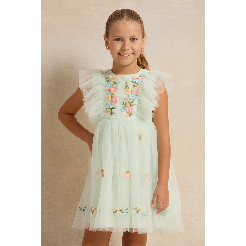 Girls Green Embroidered Mesh Dress