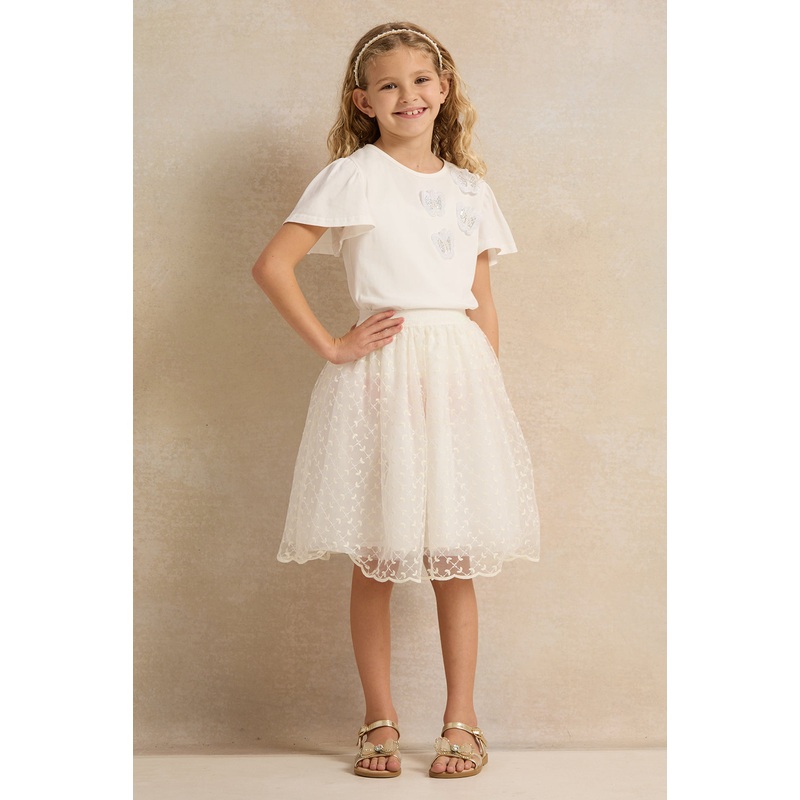 Girls Ivory 3D Butterfly Tee With Lace Skirt (2 Piece)