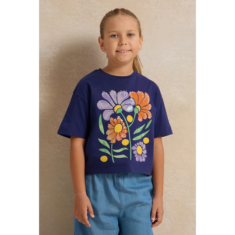 Girls Navy Floral Print  T-Shirt
