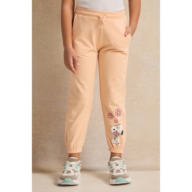 Girls Orange Snoopy Printed Active Track Pants